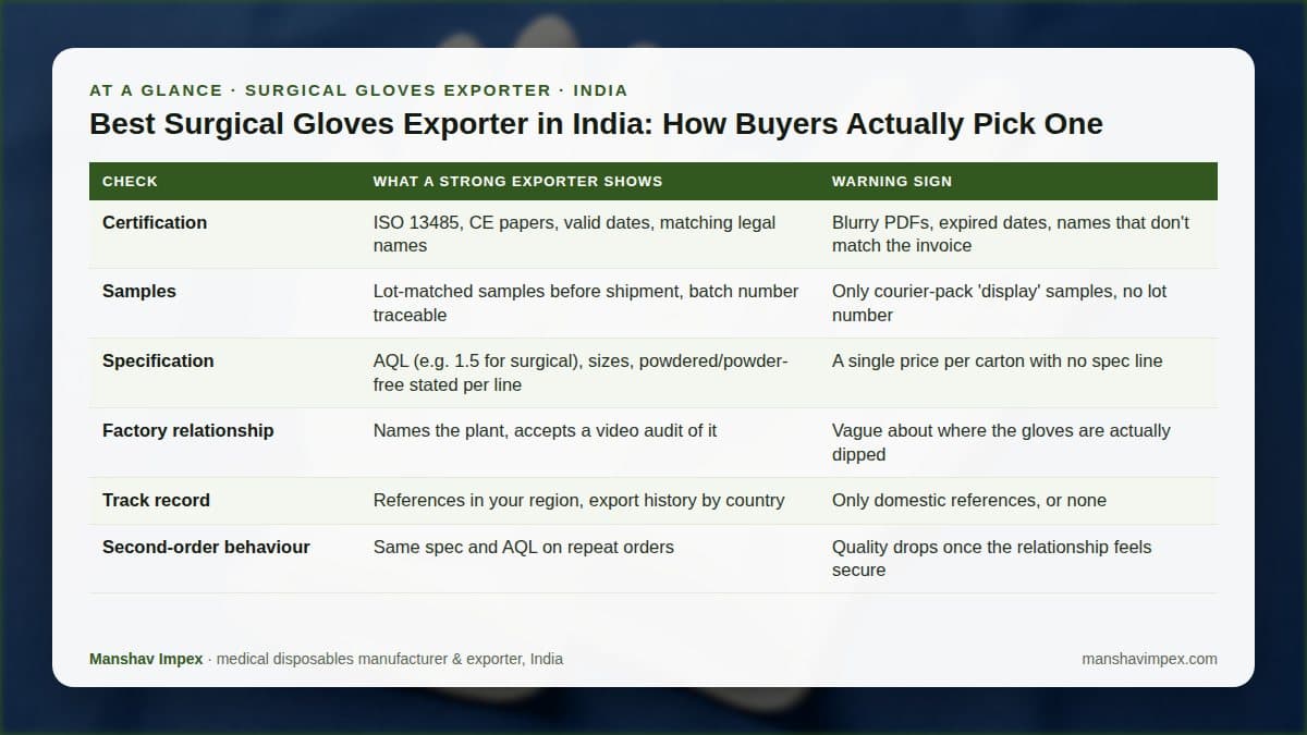 At-a-glance checklist: Best Surgical Gloves Exporter in India: How Buyers Actually Pick One
