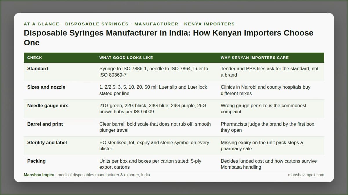 At-a-glance checklist: Disposable Syringes Manufacturer in India: How Kenyan Importers Choose One