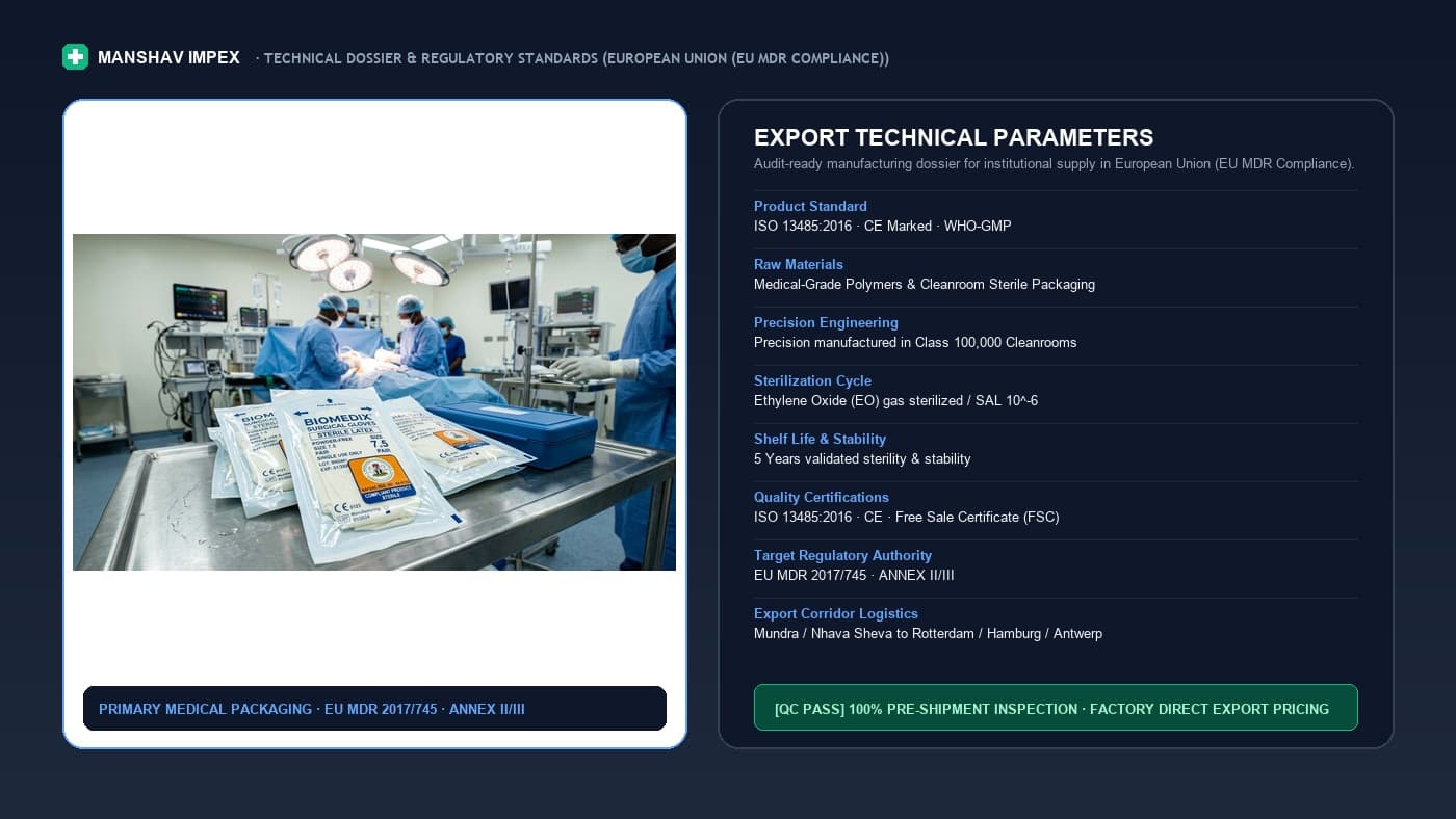 Manshav Impex EU MDR 2017/745 compliance, Annex II technical documentation, and European port logistics.