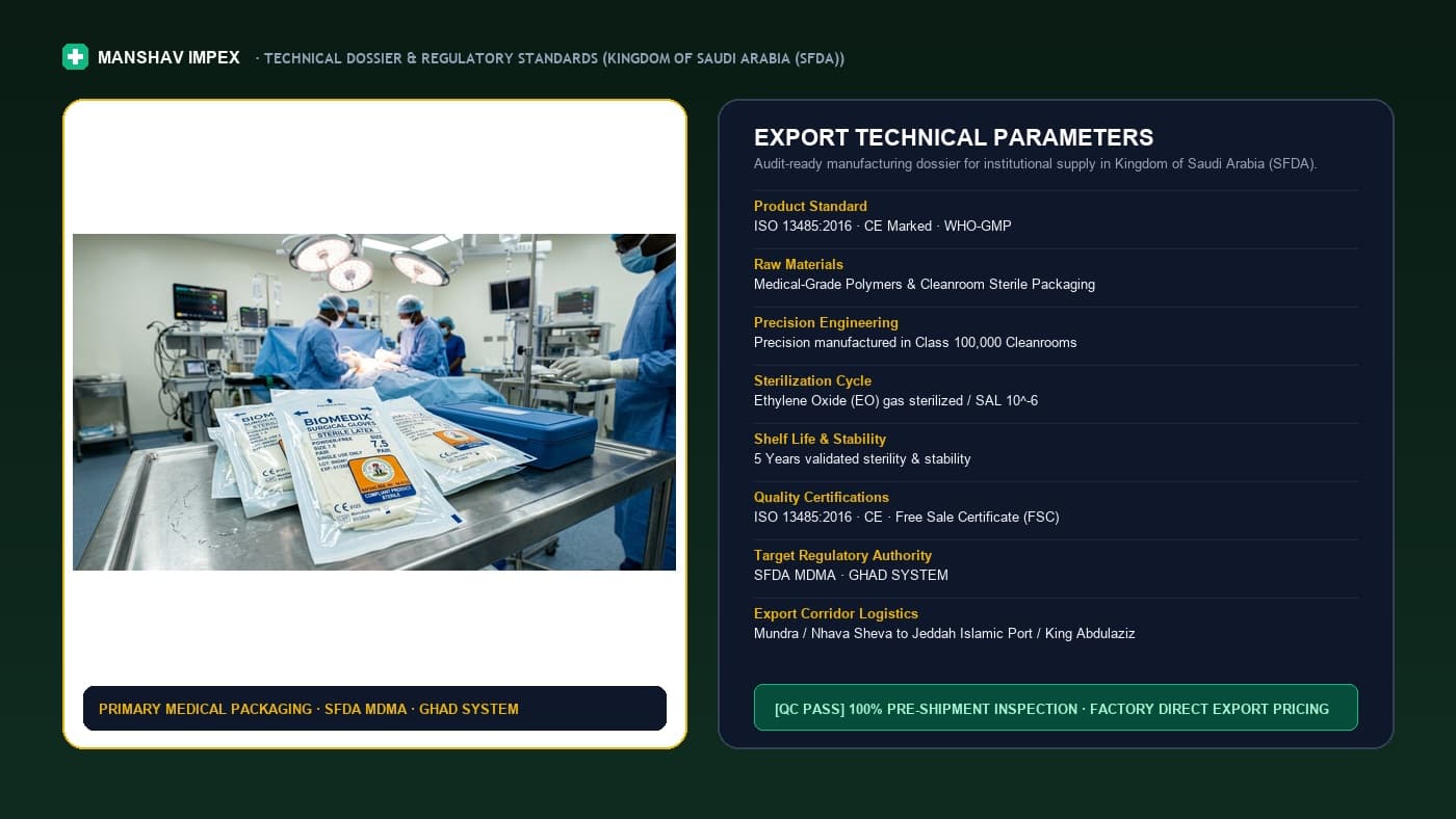 Manshav Impex Saudi Arabia SFDA MDMA compliance, bilingual Arabic packaging, and NUPCO tender logistics.