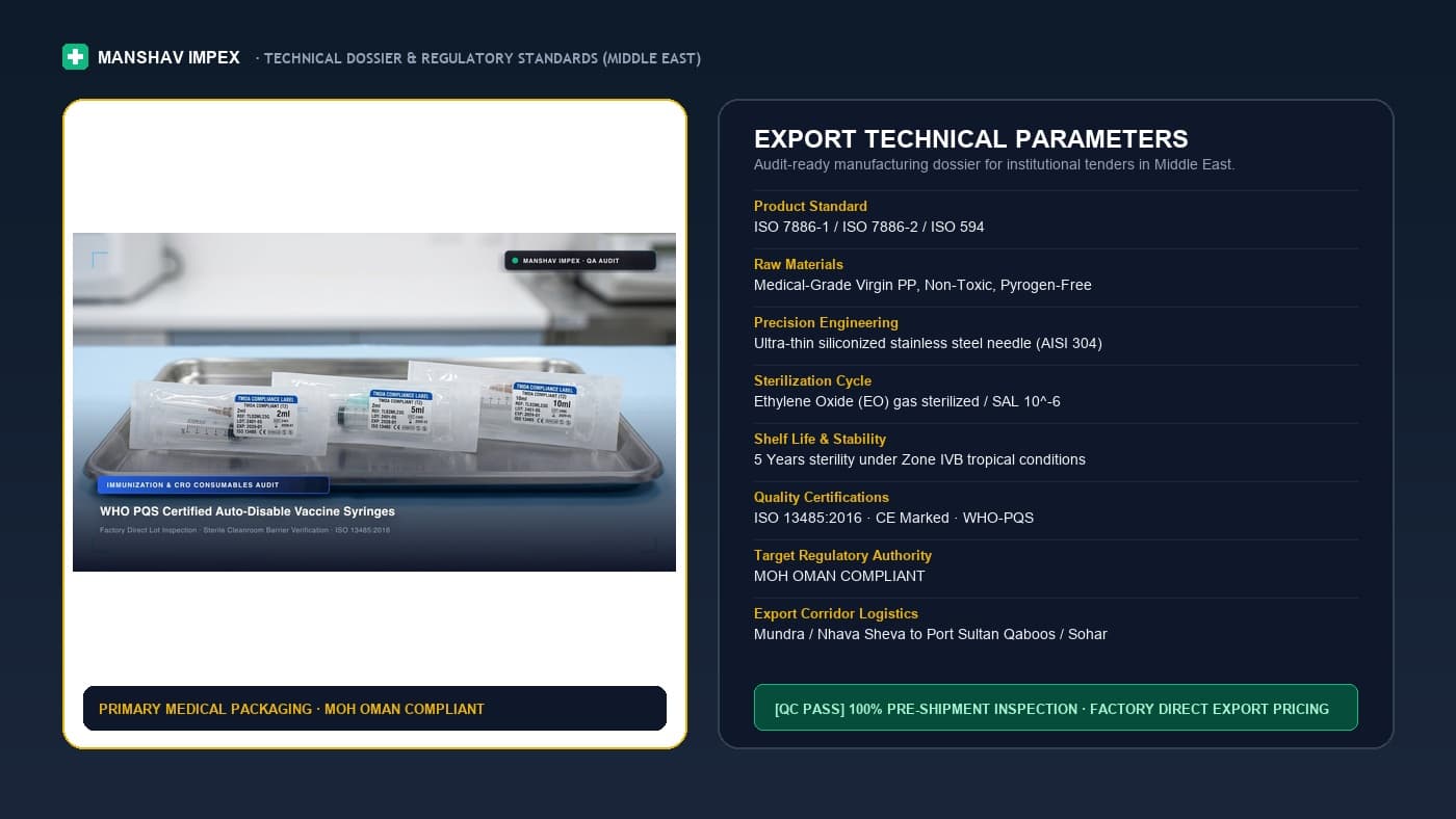 Spec sheet for Medical Supplies Exporter to Oman: standards, materials, sterilisation and shelf life
