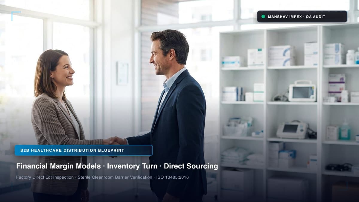 B2B medical supply distribution partners reviewing international healthcare contracts