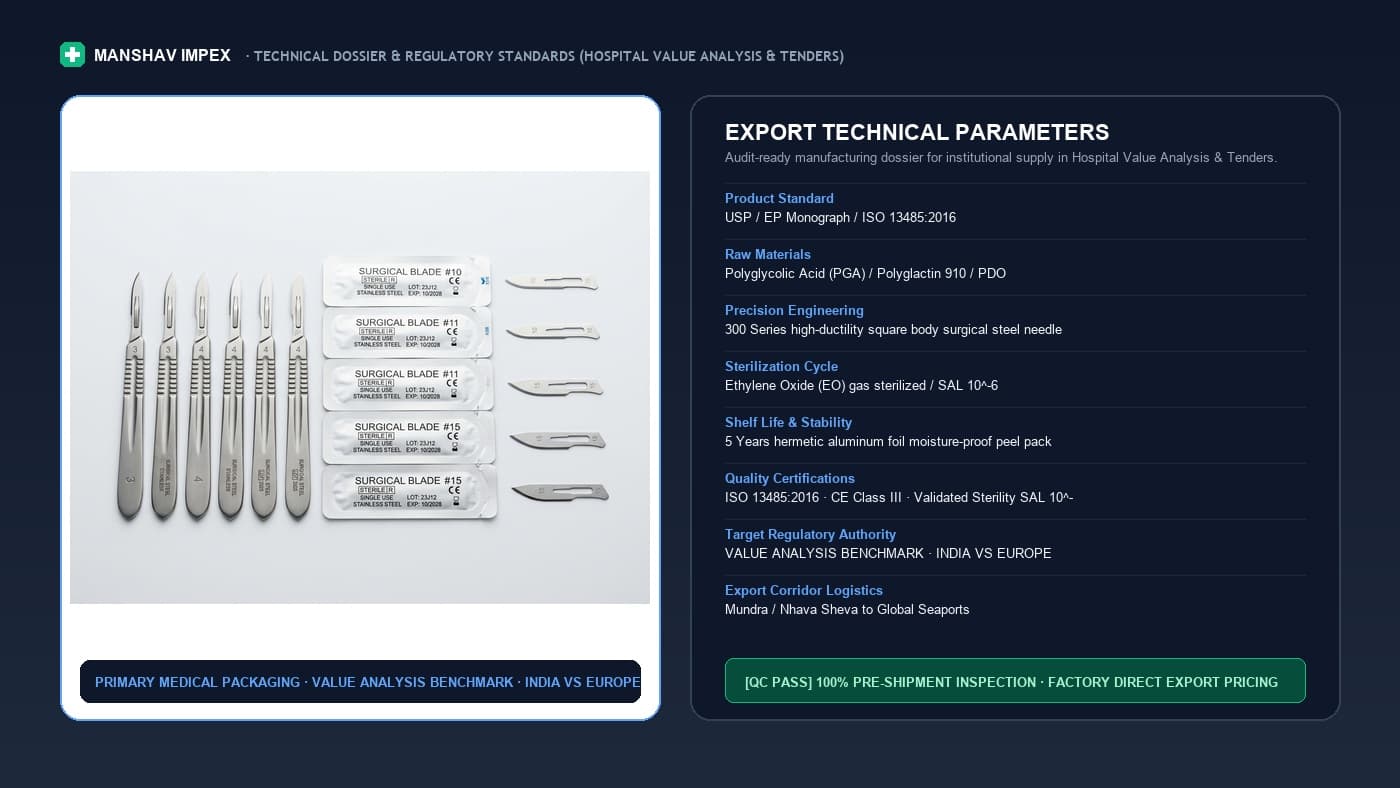 Manshav Impex Surgical Sutures India vs Europe comparison, knot tensile testing, and needle metallurgy specs.