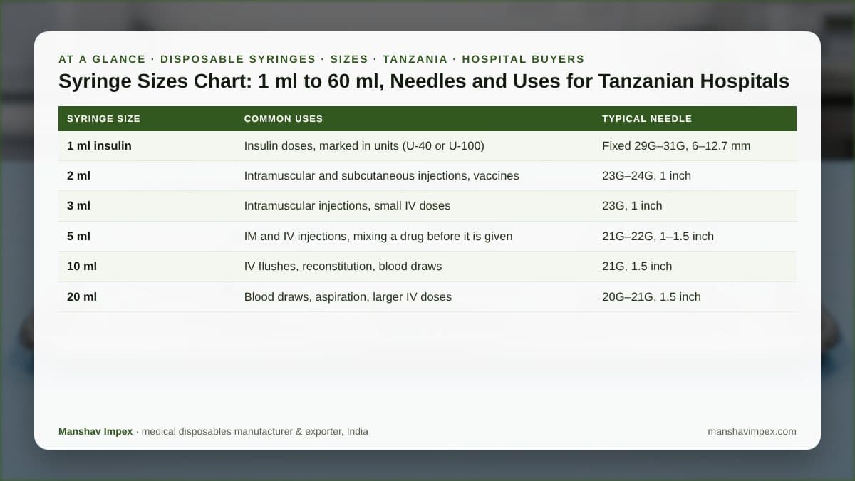 At-a-glance checklist: Syringe Sizes Chart: 1 ml to 60 ml, Needles and Uses for Tanzanian Hospitals