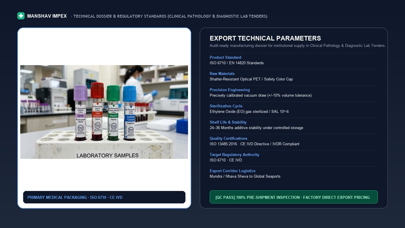 Manshav Impex Vacuum Blood Collection Tubes technical parameters, additive spray coating, and ISO 6710 draw volume tolerances.