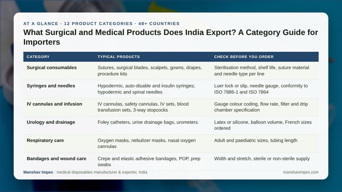 At-a-glance table: surgical and medical product categories India exports and what to check in each