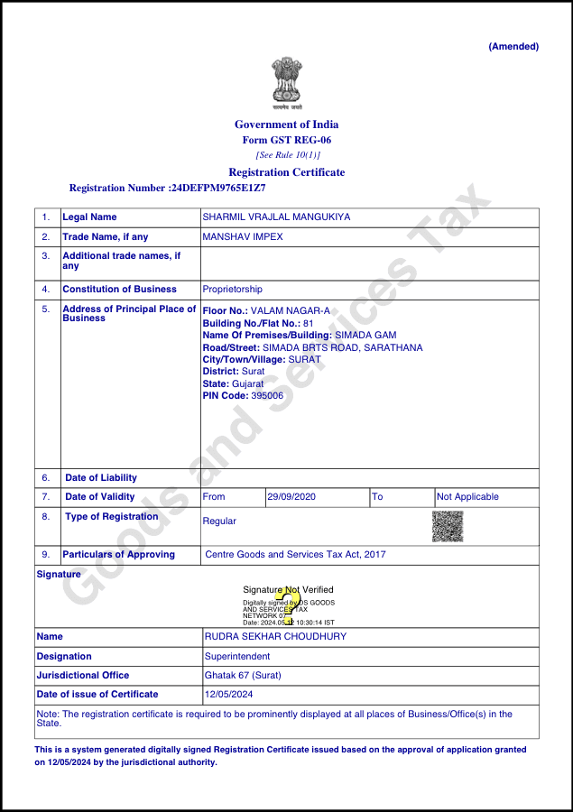 GST Registration certificate