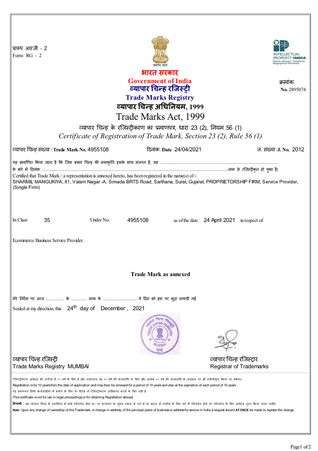 Trademark Registration certificate