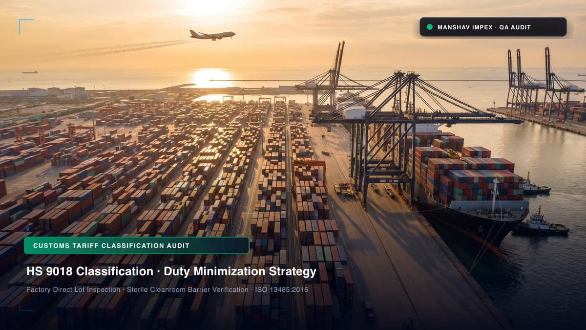 Customs declaration documents and containerized medical export shipments at port terminal