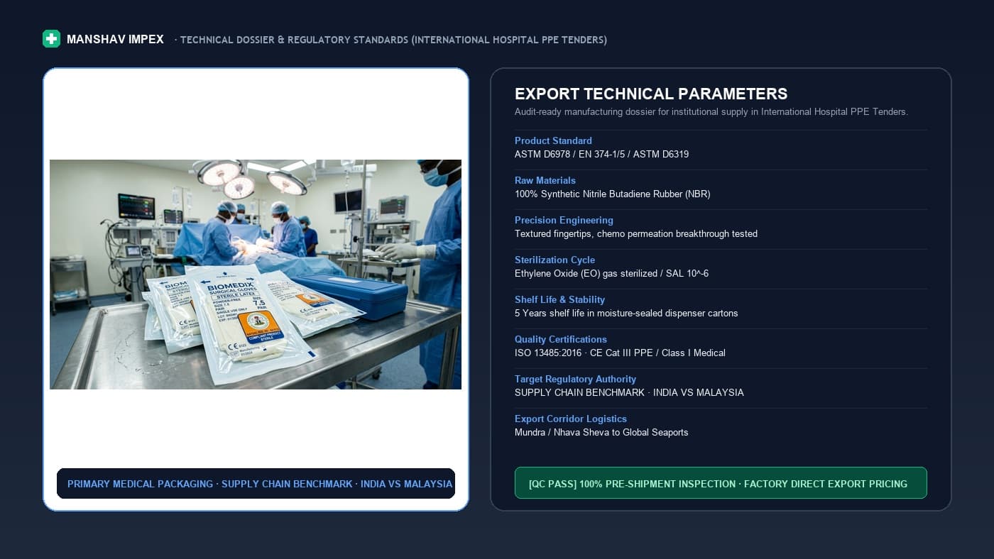 Manshav Impex Medical Nitrile Gloves India vs Malaysia logistics benchmark, freight transit days, and physical properties.