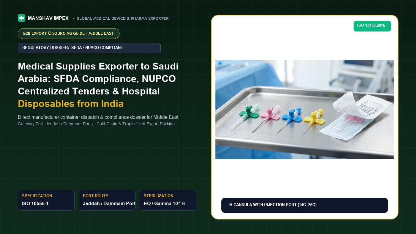 Medical Supplies Exporter to Saudi Arabia: SFDA Compliance, NUPCO Centralized Tenders & Hospital Disposables from India